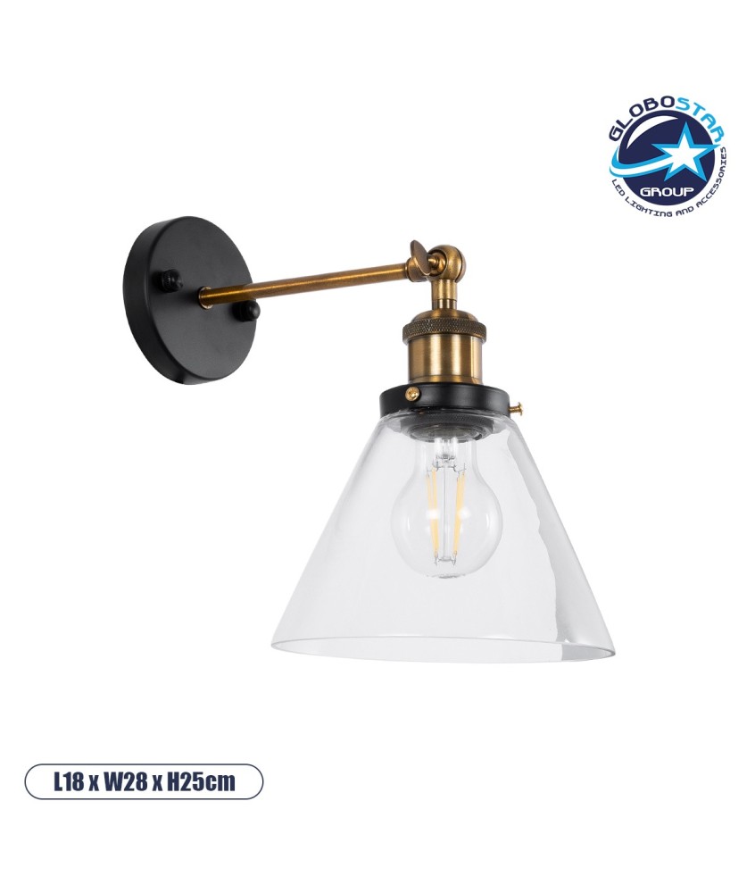 GLOBOSTAR® BINGLEY 01074 Vintage Φωτιστικό Τοίχου - Απλίκα με Ντουί 1 x E27 AC 220-240V IP20 - Διάφανο & Χρυσό - Μ18 x Π28 x Υ25cm